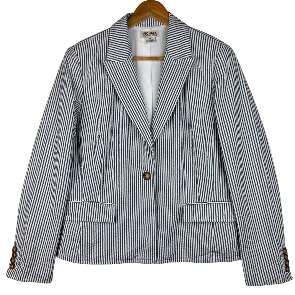 Michael Kors Seersucker Striped Blazer Coastal Preppy Women 14 One Button Career